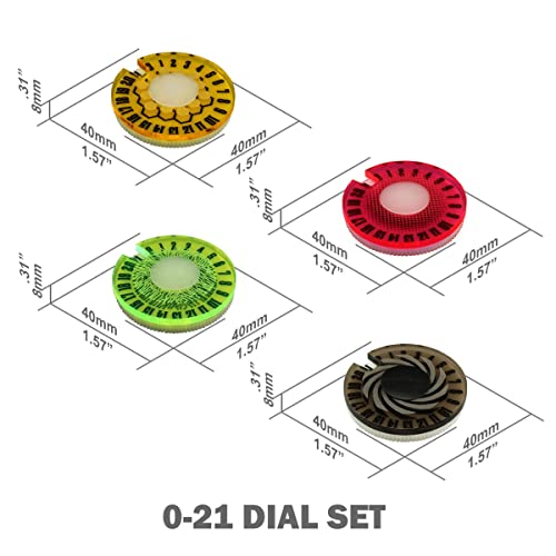 LITKO Life Counter Dials 0-21 | Compatible with MTG & D&D | Multi-Color | Set of 4 — pink, yellow, bronze & green | 40mm round, engraved patterns | Tracks HP, health & resources | UV-printed - color: Multi-color