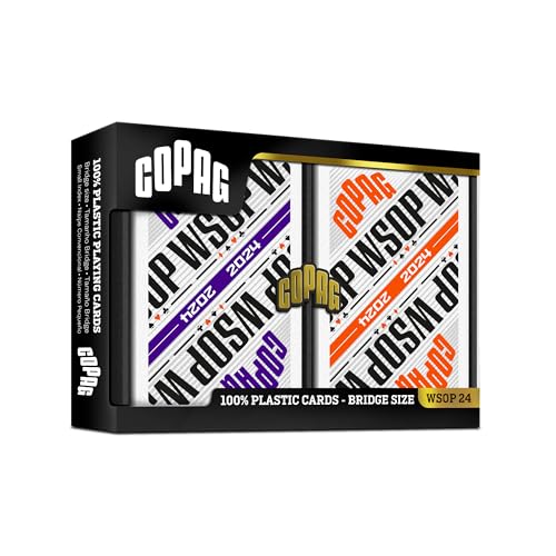 Copag WSOP 2024 Modern Design 100% Plastic Playing Cards - Narrow Size (Bridge) Regular Index Purple/Orange Double Deck Set