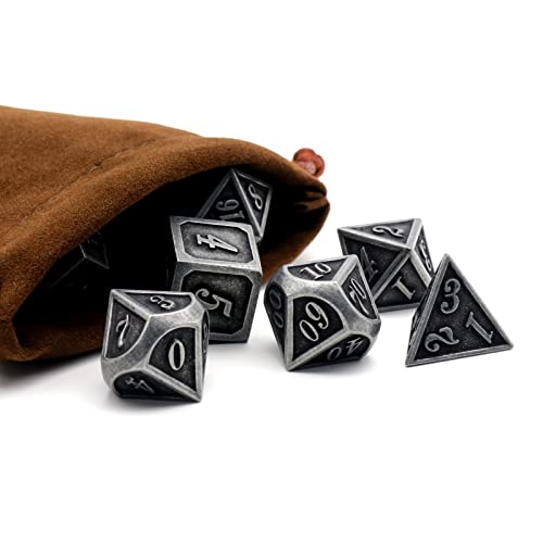 Metal Dice Set, HNCCESG Polyhedral D&D Dice for Dungeons and Dragons RPG DND Dice for Role Playing MTG Tabletop Gaming Shadowrun Pathfinder 7PCS D20 D12 D10 D8 D6 D4（Ancient Silver） - color: Ancient Silver