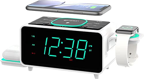 Emerson Smartset Dual Alarm Clock FM Radio with Wireless Charging, Bluetooth Speaker, Ultra Fast Charging for Airpods/iPhone, Foldable Stand, USB Charger, Adjustable LED Glow, ER100501 - style: ER100501