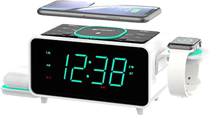 Emerson Smartset Dual Alarm Clock FM Radio with Wireless Charging, Bluetooth Speaker, Ultra Fast Charging for Airpods/iPhone, Foldable Stand, USB Charger, Adjustable LED Glow, ER100501 - style: ER100501