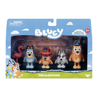 Bluey Figure 4-Pack The Sleepover, Episode-Themed Toys | Includes Bluey, Bingo, Chilli, Muffin & flamingo accessory, moveable arms; kids toys ages 3+ - style: The Sleepover