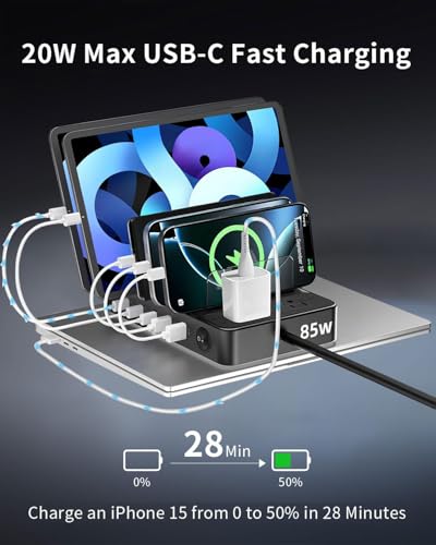 85W Charging Station for Multiple Devices,7 Port USB Charger Stations with 2 AC, 2 USB C, 3 USB A,Family Multi-Device Organizer Charging Dock -Designed for iPhone iPad Android Cell Phone Tablet,Black