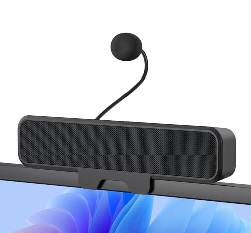Computer Speakers with Microphone for Desktop PC, USB Monitor Speakers with Clip, Wired Laptop Sound Bar, Stereo & Bass, PC Speaker w/Mic for Meeting/Gaming/Online Learning, Easily Clamps to Monitor