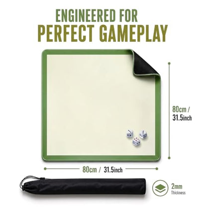 Mahjong Mat Green Plain 31.5x31.5 Inch 2mm Thick Neoprene Waterproof Noise Reduction Non-Slip Table Game Mat for Mahjong, Dominoes, Poker & Board Games with Storage Bag & 4 Dice - color: Green