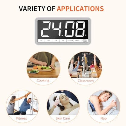 Large 7.8" Digital Timer, Magnetic LED Timer for Kitchen & Classroom | USB-C Rechargeable, Up to 99 Hours Count Up & Countdown Timer with 3 Brightness Levels, 4 Alert Modes and 3 Volume Levels - color: White
