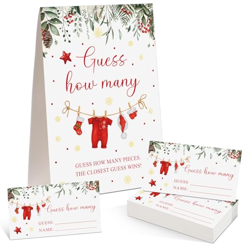 Christmas Guess How Many Baby Shower Game Pack of 1 Tabletop Sign with Stand and 50 How Many Cards, Christmas Gender Reveal Party Game Decorations(Santa) - style: Santa