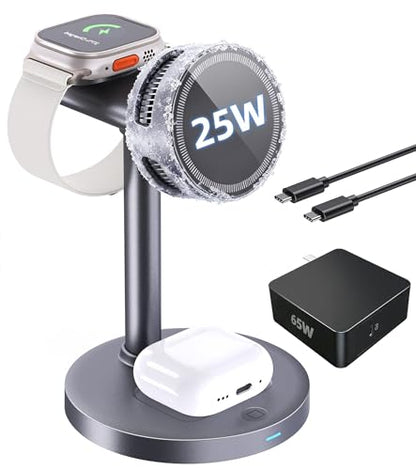 25W Wireless Charger 3 in 1 Magnetic Charging Station with TEC Active Cooling, Qi2.2 Certified Fast Charging Stand for iPhone 17 Pro Max/16/15, Apple Watch & AirPods, 65W Adapter Included