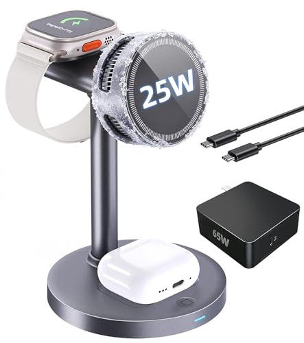 25W Wireless Charger 3 in 1 Magnetic Charging Station with TEC Active Cooling, Qi2.2 Certified Fast Charging Stand for iPhone 17 Pro Max/16/15, Apple Watch & AirPods, 65W Adapter Included