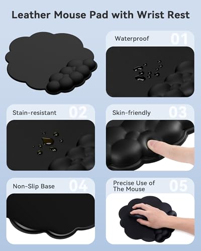 Cloud Wrist Rest for Keyboard and Mouse, Keyboard Riser Pad for Desktop | PU Leather, Non-slip, Ergonomic Angle Adjustable Arm Rest, Soft Wrist Support, Waterproof - color: Black