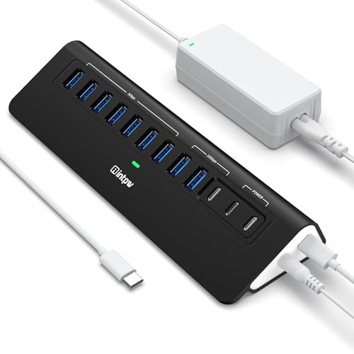 Powered USB Hub 10Gbps, intpw YH9AC 12-Port USB C Hub with 10Gbps USB C 3.2, 2 USB A 3.2, 7 USB 3.0, 2 PD 45W Charging Port, 65W Power Adapter + 3.3FT Cable, Aluminum USB Hub for Laptop/iPhone16/15/PC - color: Black, size: 12 Port