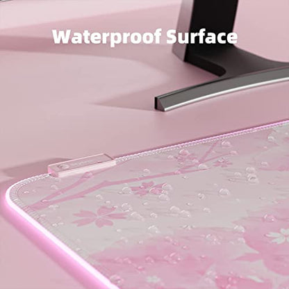 Pink RGB LED Gaming Mouse Pad, 14 Modes Glow Pad, Extra Large Gaming Mousepad,Waterproof Rubber Non Slip Cute Sakura Mat, Extended Big Keyboard and Mouse Pad Mat for Gamer Office Home, XXL 800×300×4mm