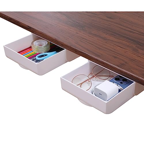 2 Pack Under Desk Drawer Self-Adhesive Desktop Storage Organizer, Hidden Attachable Slide Out Desk Drawer, Under Table Tray for Pencil Pen Stationery Office Organization, White - color: White, size: 2pcs-Upgrade
