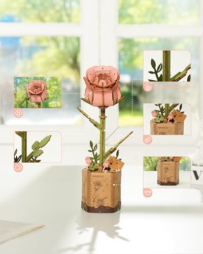 rowood Artifical Flower,Wood Flower Building Toy Set,Mother's Day/Valentine's Day/Teacher's Day/Thanksgiving Day/Christmas/Birthday Gift for Mom/Women/Grandma/Wife/Her-Pink Rose, TW041 - style: Pink Rose