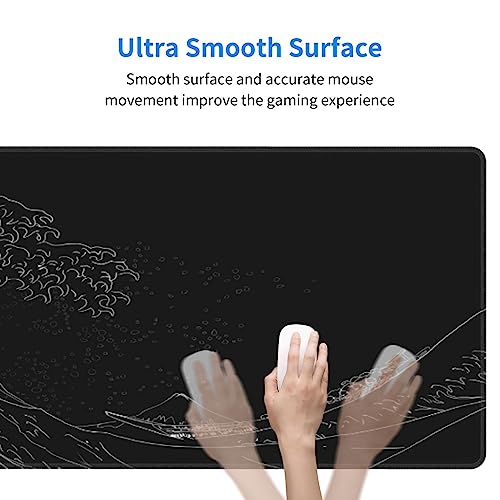 Japanese Gaming Mouse Pad Black Mouse Pad Kanagawa Large Mousepad Non-Slip Rubber Base Waterproof with Stitched Edges for Gaming Office Home, 31.5x11.8 Inch (Black Wave) - color: Kanagawa Wave