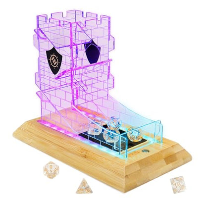 ENHANCE Tabletop LED Dice Tower with 7pc Dice Set for RPG Games - Clear Gaming Set, LED Lit Rolling Tray with Bamboo Base and Castle Tower Design, Roll Up to 14 at Once - Great for Game Night