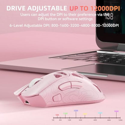 Aula SC620 Wireless Gaming Mouse, Tri-Mode 2.4GHz/USB-C/BT5.3 Computer Mouse with 12000 DPI, Programmable Macro Gamer Mouse with Rapid Fire Key, RGB Light Gaming Mice for PC/Laptop/Mac (Line Pink) - color: Line pink