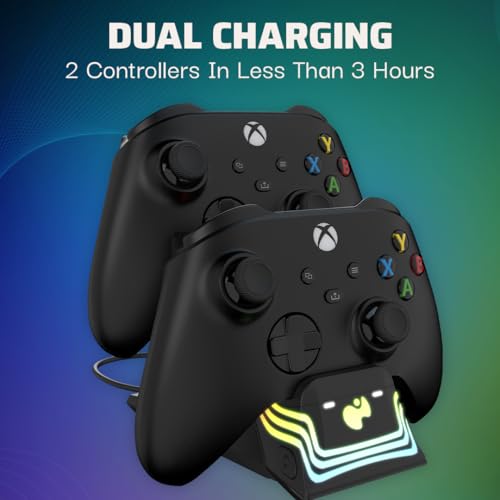 PDP Afterglow Wave LED Dual Gaming Charger for 2 Xbox Controllers, Customizable RGB Lighting Effects - Black - color: Black, style: Xbox