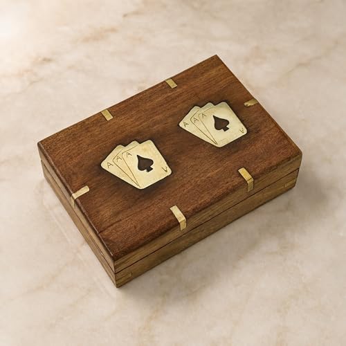 Playing Cards Holder, Handmade Wooden Card Storage Box with Brass Inlay Design, Anniversary Birthday Gifts "Made in India" (Design 2) - color: Design 2