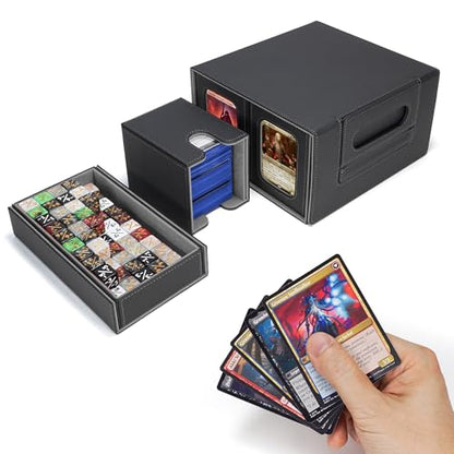 AFIING Commander Deck Box for MTG/EDH, Fits 400+ Double-Sleeved Cards, with Display Window, 4 Removable Deck Cases, Dividers, Dice Tray & Handle, Card Holders for TCG (Black Grey) - color: Black Grey