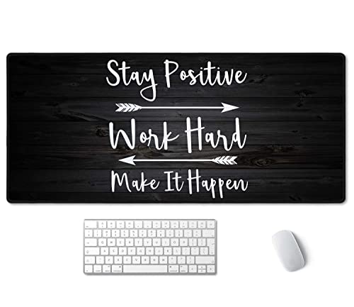 Extended Gaming Mouse Pad (35.5x15.7 in), Stay Positive Work Hard and Make It Happen Inspirational Quotes Art Rustic Black Old Wood White Quote Large Stable Rubber Base Mousepad with Stitched Edges