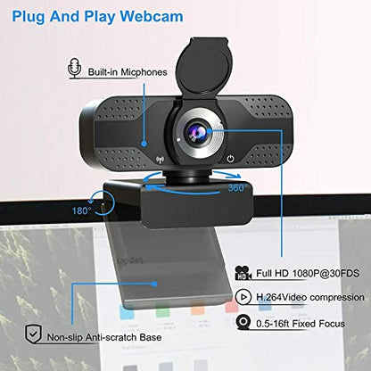 1080P Webcam with Privacy Cover Streaming Webcam with Microphone USB Tripod