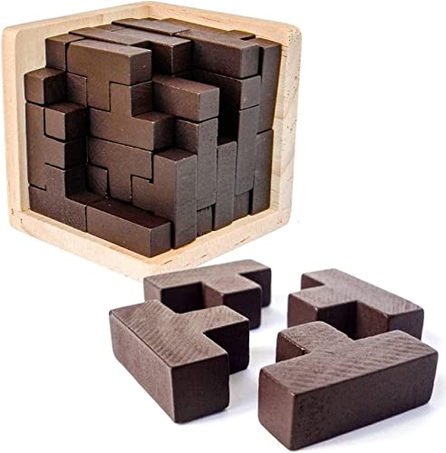 Wooden Brain Teaser Puzzles Box Brain Teasers Wooden Puzzle T-Shaped Geometric Intellectual Jigsaw Logic Cube Puzzles Mind Games for Kids and Adults - color: Coffee