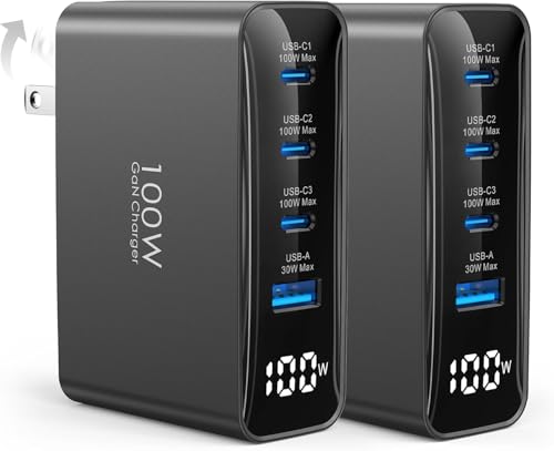 TOPADRE 100W USB c Charger, 4-in-1 Charging Station with LED Dispay, 2 Pack | GaN Compact Foldable Laptop Charger for MacBook Pro/Air, iPad Pro, for iPhone 17/16/15 Pro Max，black - color: Black, size: 100W-2Pack