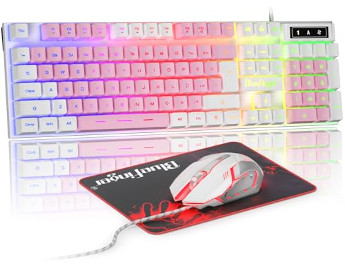BlueFinger RGB Gaming Keyboard and Backlit Mouse Combo, USB Wired, LED Gaming Set for Laptop PC Computer Game and Work (White & Pink) - color: White & Pink