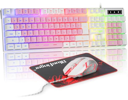 BlueFinger RGB Gaming Keyboard and Backlit Mouse Combo, USB Wired, LED Gaming Set for Laptop PC Computer Game and Work (White & Pink) - color: White & Pink