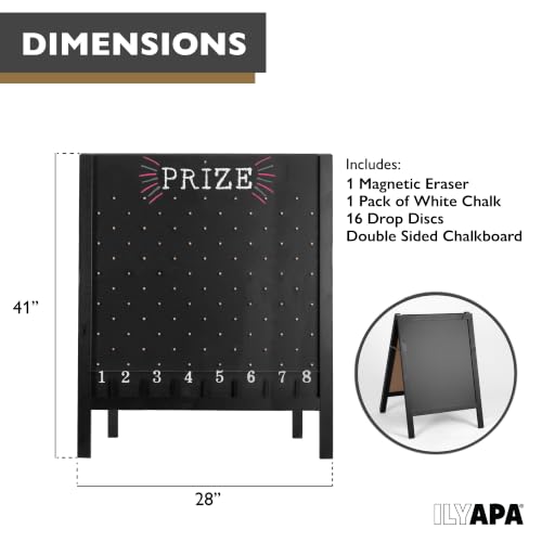 Ilyapa Prize Drop Board, 27.5x41 in - Penny Drop Game, Chalkboard Sign | Wooden A-Frame Chalkboard Sign, Includes 16 Coin Drop Discs & Eraser - For Trade Shows & Events - color: Black, size: 28x41
