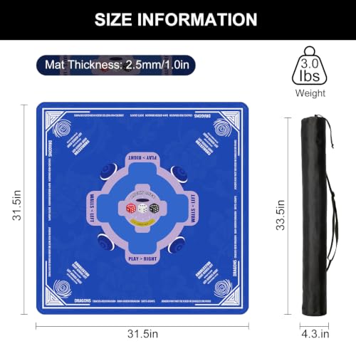 Blue Mahjong Mat for Table with Rules, 31.5" x 31.5" Noise Reduction Non Slip Waterproof Mah Jong Table Mat with Carrying Bag, Suitable for Mahjong, Poker, Board Games, Dominoes, and Card Games - color: Blue-a