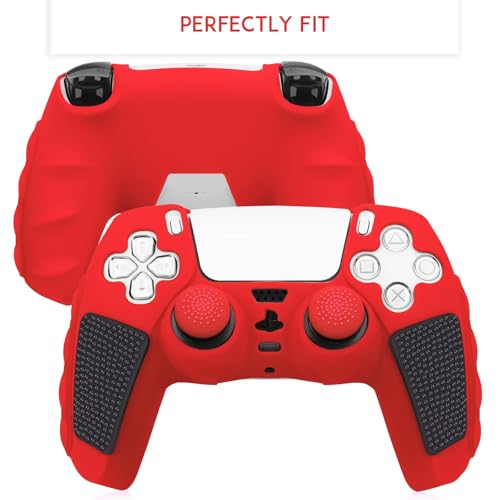 SIKEMAY Anti-Slip PS5 Controller Skin, Soft Thicken Non-Slip Studded Silicone Gel Grip Protective Cover Case for PlayStation 5 Controller Grip, 2 Pack with 8 x Thumb Grip Caps - color: Red-Black