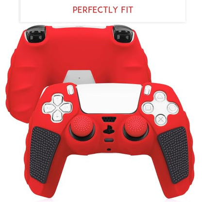 SIKEMAY Anti-Slip PS5 Controller Skin, Soft Thicken Non-Slip Studded Silicone Gel Grip Protective Cover Case for PlayStation 5 Controller Grip, 2 Pack with 8 x Thumb Grip Caps - color: Red-Black