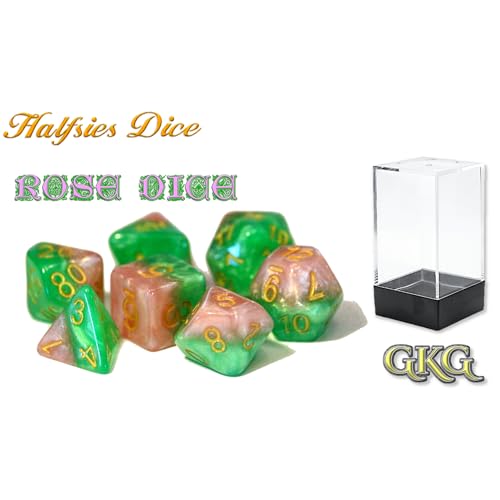Gate Keeper Games and Dice: Halfsies Dice: Rose Dice - 7pc Set, Rose Petal Pink & Thorn Green, Pearlescent Swirl, 7 Resin Dice for Role Playing Games - style: Rose