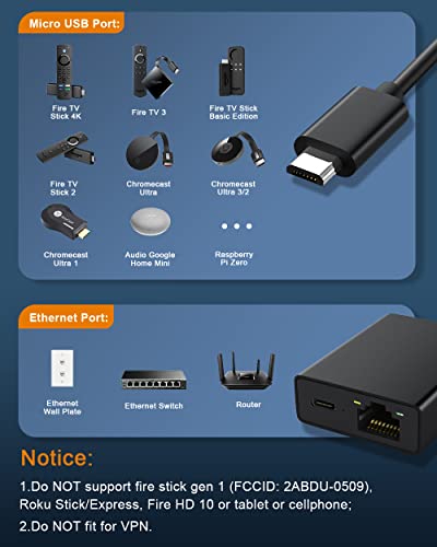 Ethernet Adapter for Fire TV Stick, Electop Micro USB to RJ45 Ethernet Network Adapter Compatible with 4K Fire Stick,Chromecast Google Home Mini and More Streaming TV Sticks(Adhesive Tape Included) - color: Black Micro USB Ethernet Adapter 1 Pack