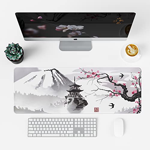 ETZ Japanese Cherry Blossom Mouse Pad XL, 31.5x11.8 | Sakura Pink Floral Art, Stitched Edges, Non-Slip Rubber Base, Large Desk Mat, Smooth Tracking, Waterproof, 3mm Thick - color: Ink Drawing Mouse Pad - 1
