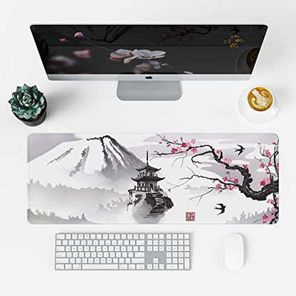 ETZ Japanese Cherry Blossom Mouse Pad XL, 31.5x11.8 | Sakura Pink Floral Art, Stitched Edges, Non-Slip Rubber Base, Large Desk Mat, Smooth Tracking, Waterproof, 3mm Thick - color: Ink Drawing Mouse Pad - 1
