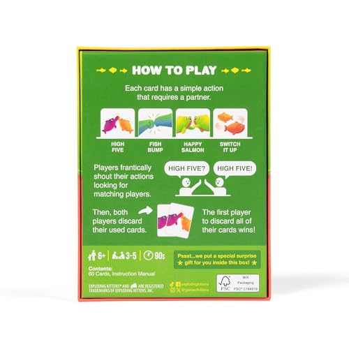 Exploding Kittens Happy Salmon Grab and Game, 2-4 Players, Ages 7+ | Frantically shout your actions, find a matching player, complete the action, and discard your card. Fast 90-second travel fun
