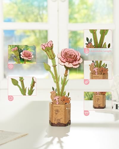 rowood 3D Puzzle Wood Flower,DIY Artifical Flower Building Set Craft Kit for Women,Mother's Day/Valentine's Day/Teacher's Day/Thanksgiving/Christmas/Birthday Gift -Pink Carnation - style: Pink Carnation