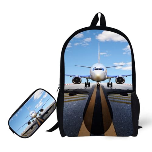 Boy Bookbag School Backpack 17 Inch Student Bag Lightweight Backbag for Age 6-16 Kids Plane Design (Bookbag + Pencil Bag) - color: Plane Backpack 6- Bookbag + Pencil Bag