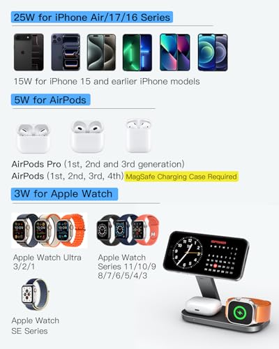 3-in-1 Charging Station for Apple Device, Qi2 25W Certified Magnetic Wireless Foldable Fast Charger Stand Compatible with MagSafe for iPhone 17e/17/16/15/14/13/12/Air Series, Apple Watch & AirPods - color: MatteBlack