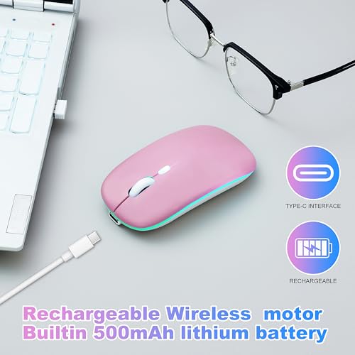 Wireless Bluetooth Mouse Rechargeable Long Lasting Dual Mode - BT 5.2 & 2.4G Silent RGB LED Mice, Slim Portable Ergonomic Mouse for Laptop/PC/Tablet/MacBook/iPad/Apple Devices(Pink) - color: Pink
