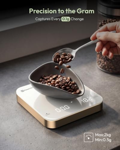 Maestri House S2 Espresso Coffee Scale with Timer 0.1g Precision Shot Scale | USB-C Rechargeable, Dual Timing Modes, 2kg/0.1g Digital Scale with Borosilicate Glass Top for Espresso and Pour-Over Brewing - color: White&Gold