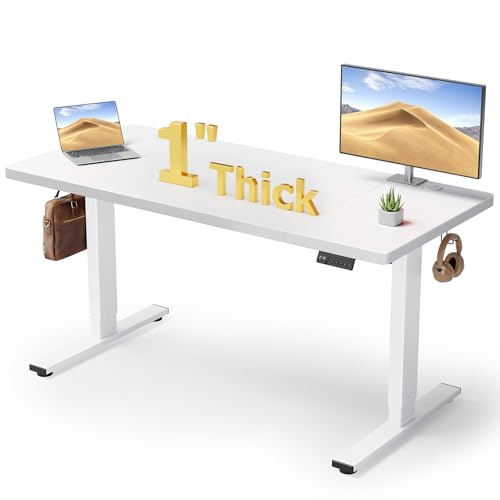 White 60x28 in Electric Standing Desk, 1 Inch Thick Tabletop | Double Beam Frame, Holds 220lbs, Sit Stand, 3 Memory Height Adjustment, Extra Deep Table Top, White Frame - color: White Top / White Frame, size: 60 x 28 Inch