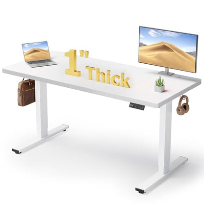 White 60x28 in Electric Standing Desk, 1 Inch Thick Tabletop | Double Beam Frame, Holds 220lbs, Sit Stand, 3 Memory Height Adjustment, Extra Deep Table Top, White Frame - color: White Top / White Frame, size: 60 x 28 Inch