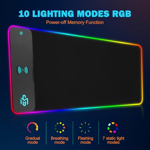 Mouse Pad Gaming Wireless Charging, 800x300x4mm, Black | Supports wireless charging for smartphones and earbuds, features 10 RGB lighting modes. Dimensions: 31.5" L × 11.8" W. - color: Black