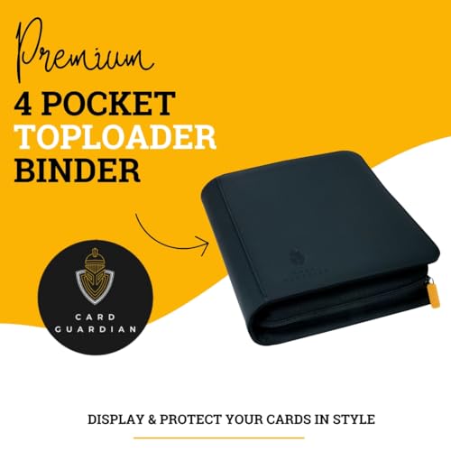 Card Guardian - Toploader binder 4 Pocket top loader binder with Zipper for 160 Cards - Side Loaded Pockets - Compatible with Sports and Trading Cards TCG (Black) | Fits 160 Cards, Side Loaded Pockets, Compatible with Sports and Trading Cards, TCG Binder
