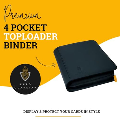 Card Guardian - Toploader binder 4 Pocket top loader binder with Zipper for 160 Cards - Side Loaded Pockets - Compatible with Sports and Trading Cards TCG (Black) | Fits 160 Cards, Side Loaded Pockets, Compatible with Sports and Trading Cards, TCG Binder