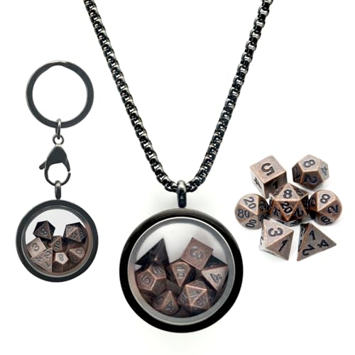 PJOY Mini Dice Set Tiny DND Dice with Necklace Case D&D Portable 7PCS Keychain Antique Copper Metal Dice Set for Role Playing Dice Games Compatible with Dungeons and Dragons Gifts - color: Black Copper